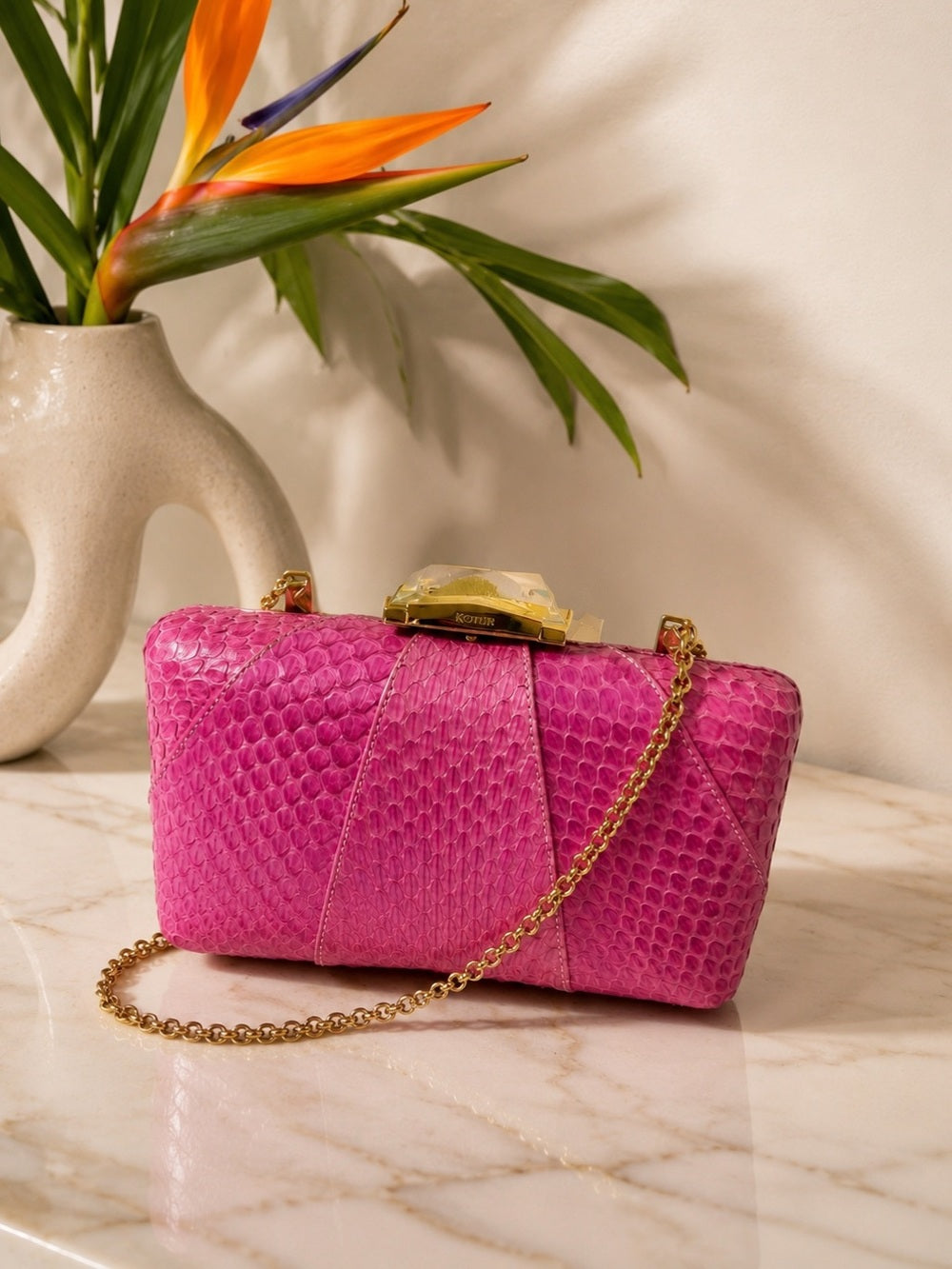 Kotur Pink Snakeskin Clutch w Crystal Clasp – Exotic Leather & Chain Strap — designer exotic leather handbag silhouette