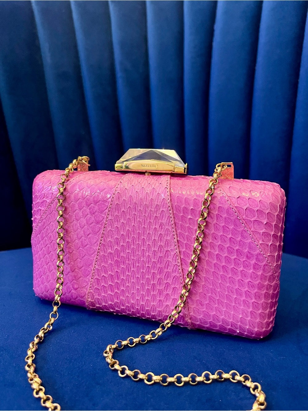 Kotur Pink Snakeskin Clutch w Crystal Clasp – Exotic Leather & Chain Strap — signature designer hardware and metalwork