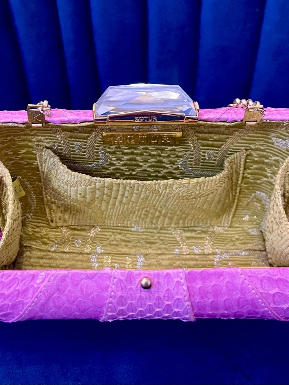 Kotur Pink Snakeskin Clutch w Crystal Clasp – Exotic Leather & Chain Strap — designer logo branding and craftsmanship