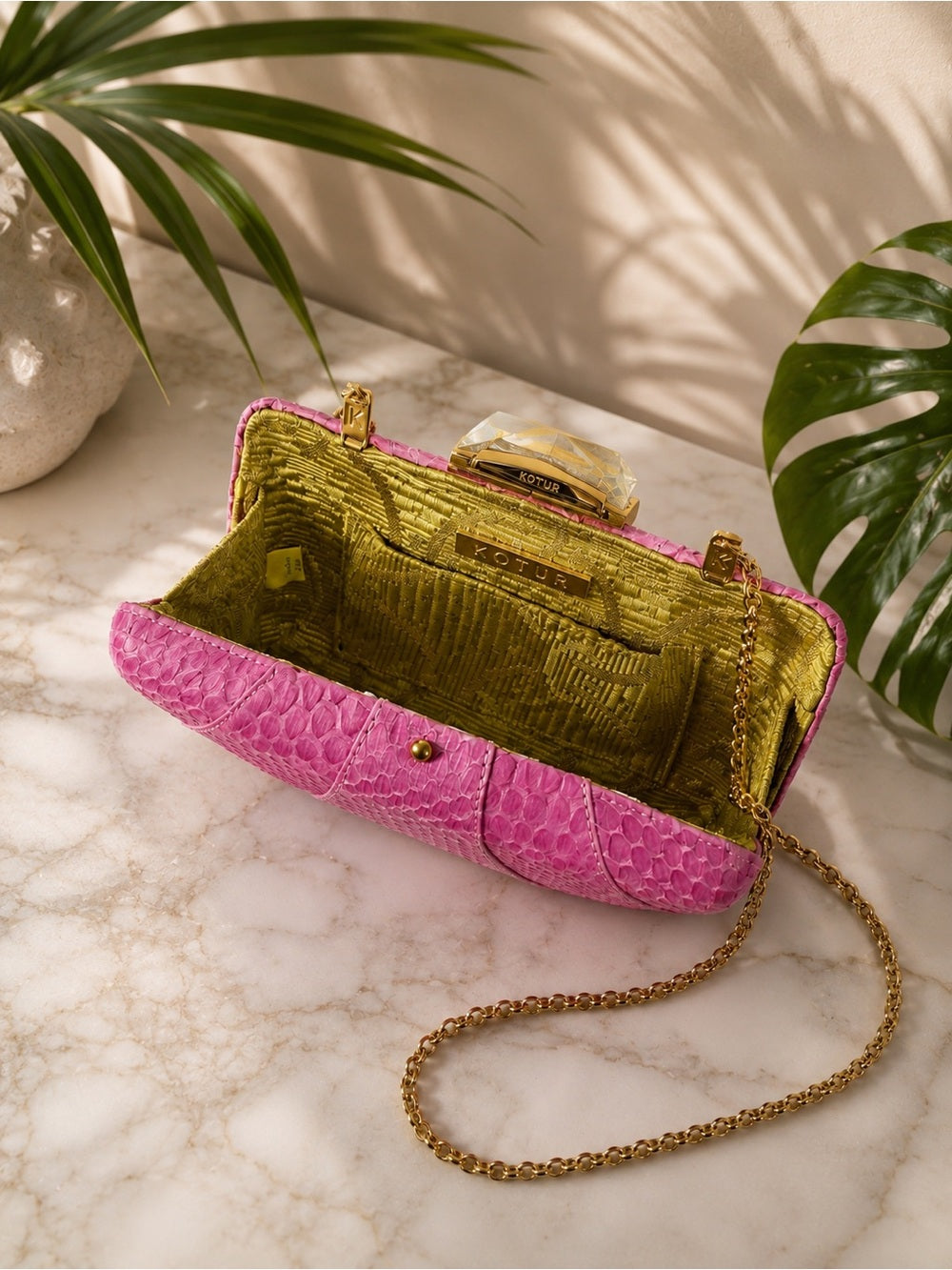 Kotur Pink Snakeskin Clutch w Crystal Clasp – Exotic Leather & Chain Strap — luxury leather bag back panel construction