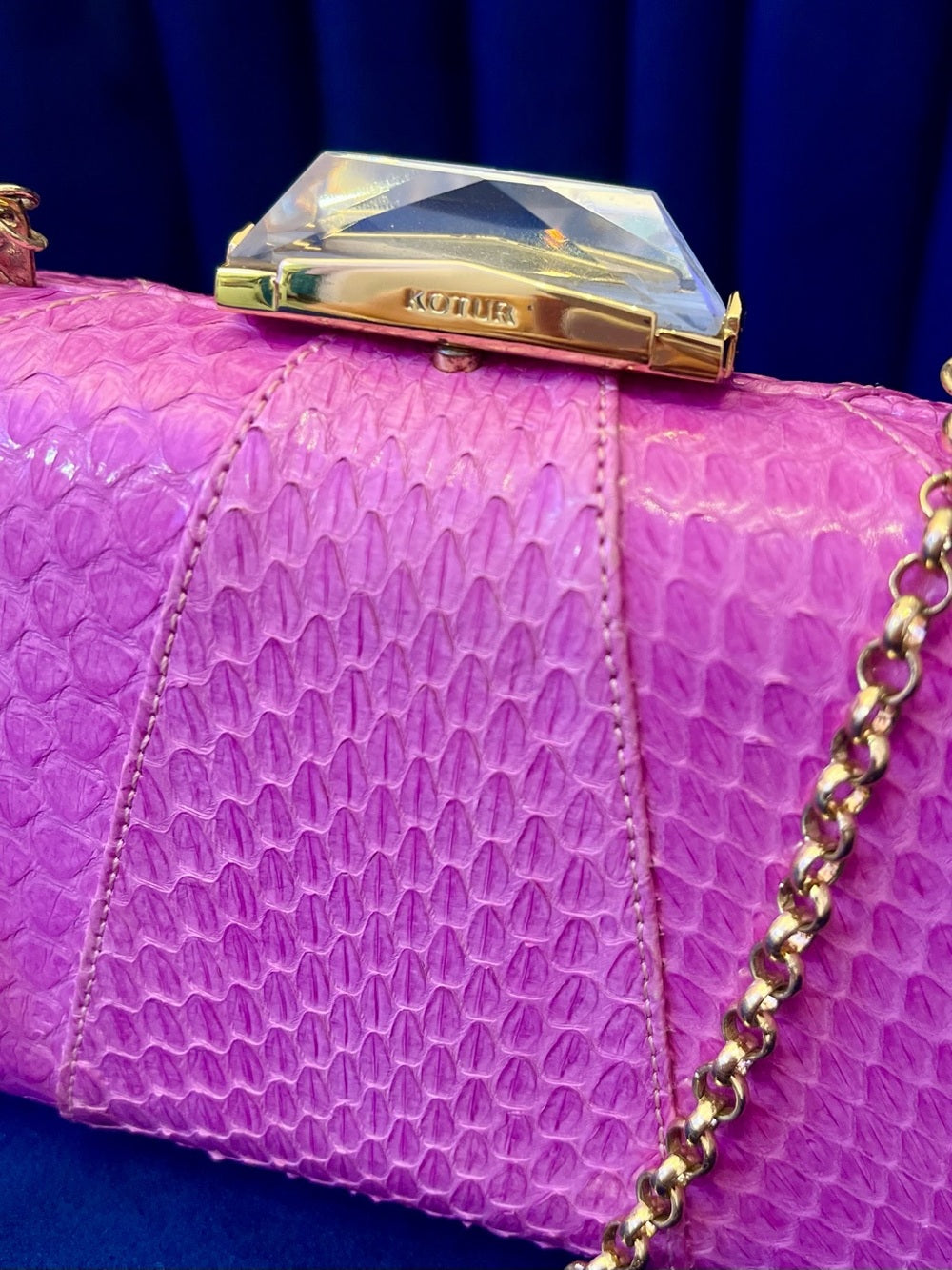 Kotur Pink Snakeskin Clutch w Crystal Clasp – Exotic Leather & Chain Strap — top handle and shoulder strap attachment