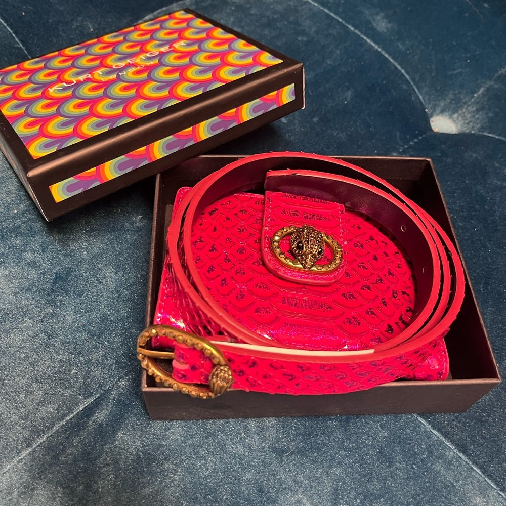 Kurt Geiger Fuchsia Snake-Embossed Wallet and Belt with Antique Gold Hardware