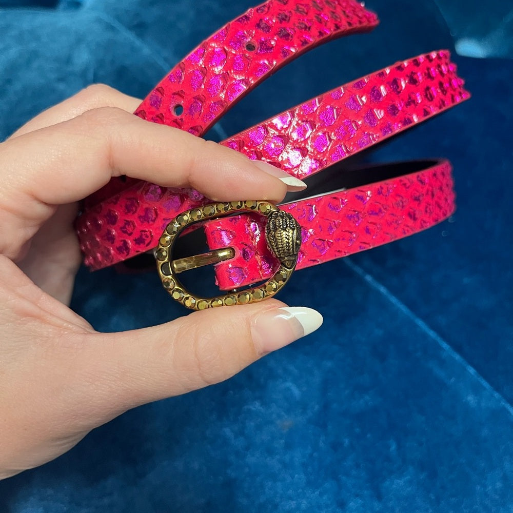 Kurt Geiger Fuchsia Snake-Embossed Wallet and Belt with Antique Gold Hardware
