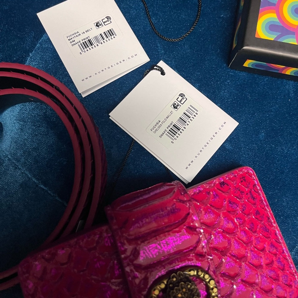 Kurt Geiger Fuchsia Snake-Embossed Wallet and Belt with Antique Gold Hardware