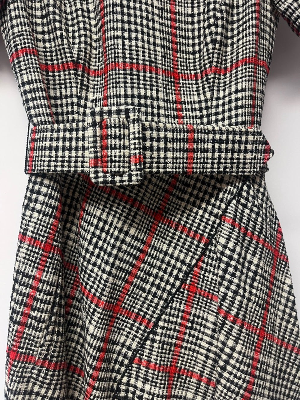 Oscar de la Renta Tartan Tweed Midi Dress Belted Asymmetric Hem Dress