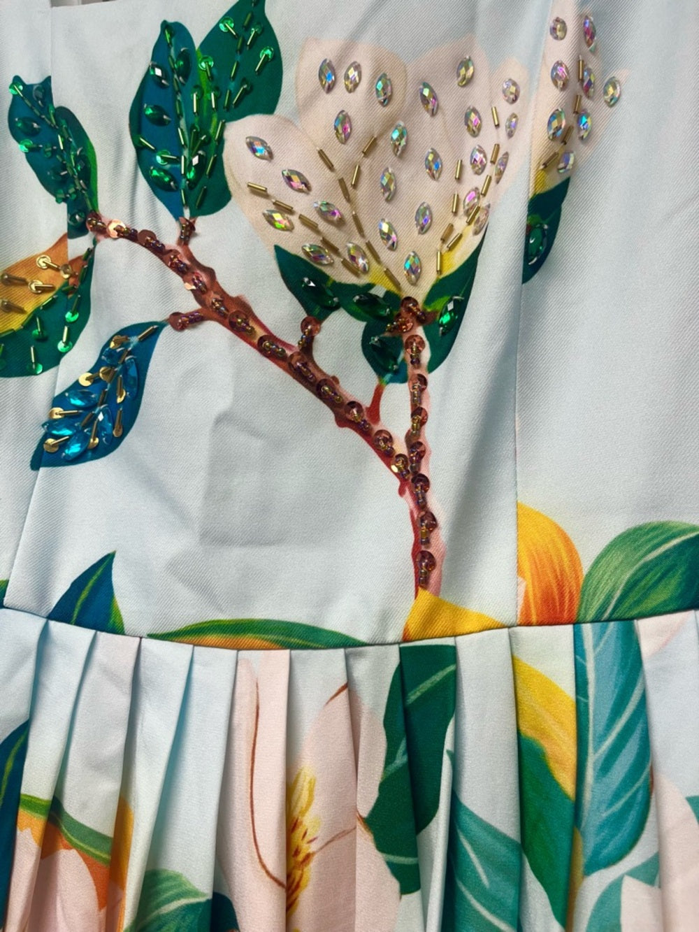 BURRYCO Light Blue Floral Print Embellished Midi Dress with Square Neck