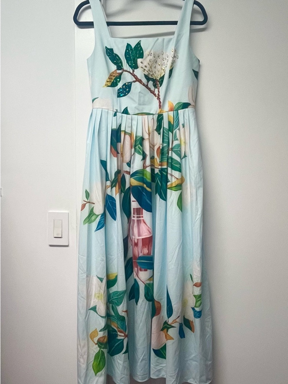 BURRYCO Light Blue Floral Print Embellished Midi Dress with Square Neck