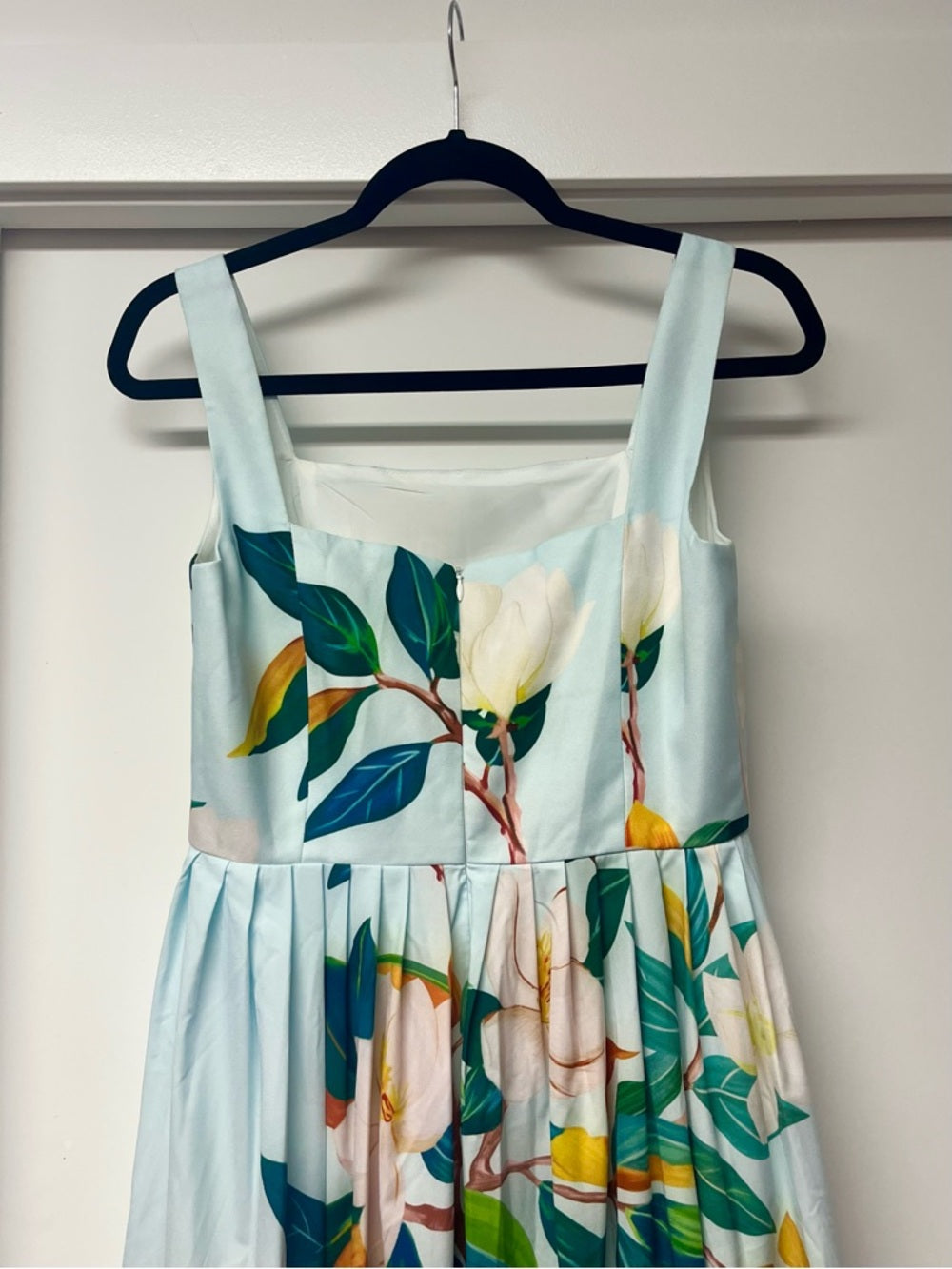 BURRYCO Light Blue Floral Print Embellished Midi Dress with Square Neck