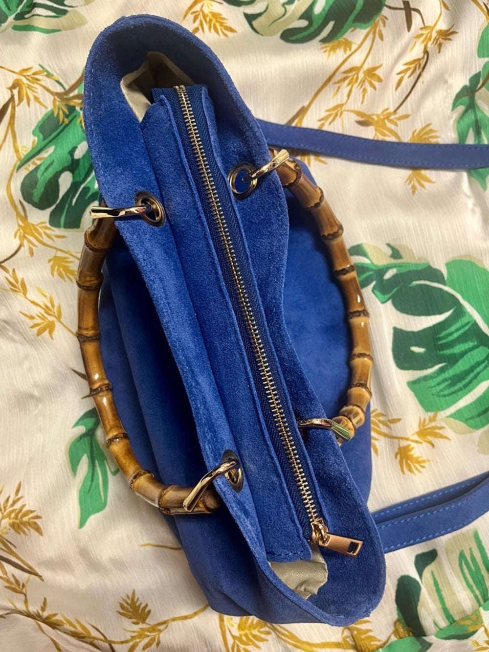 Isabella Rossetti Thea27 Blue Suede Bamboo-Handle Tote w Adjustable Strap