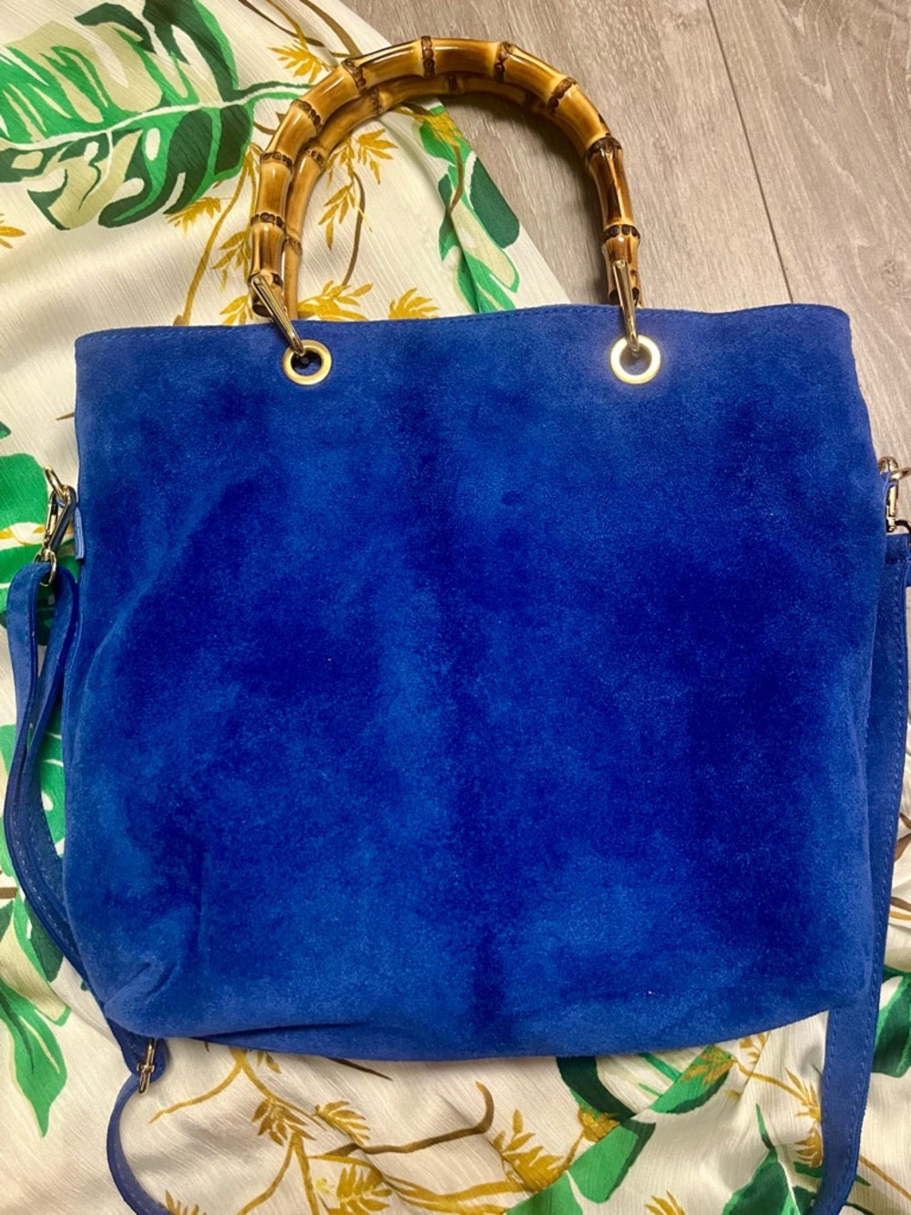 Isabella Rossetti Thea27 Blue Suede Bamboo-Handle Tote w Adjustable Strap