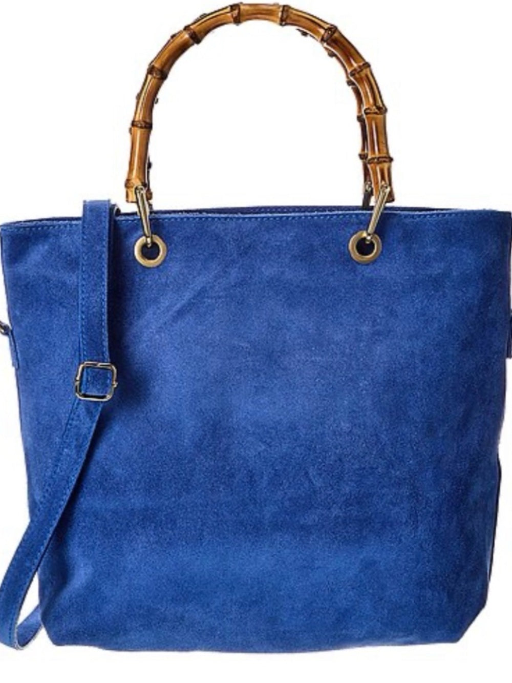 Isabella Rossetti Thea27 Blue Suede Bamboo-Handle Tote w Adjustable Strap