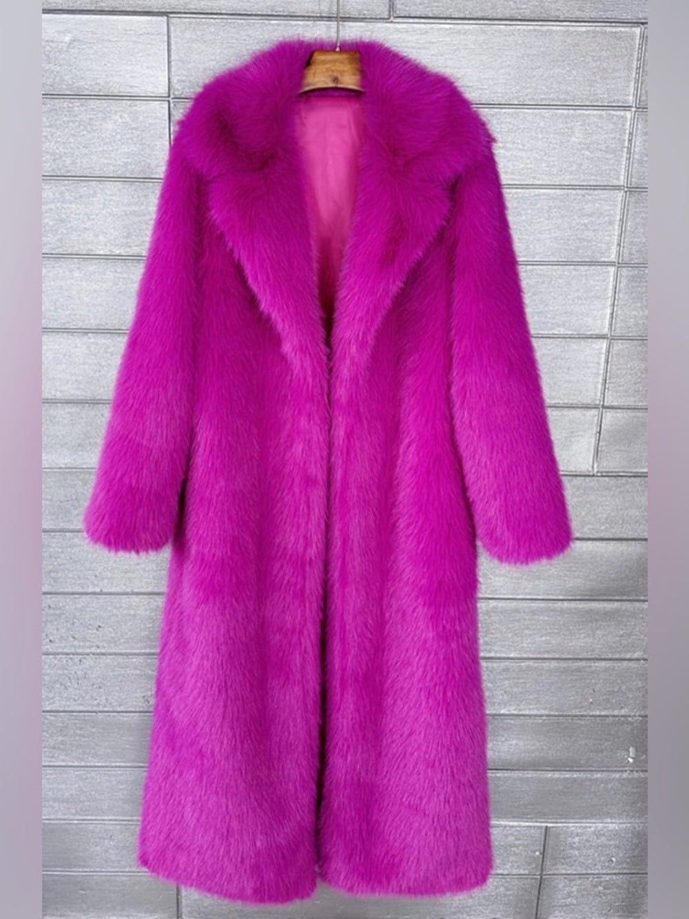 Vibrant Fuchsia Fluffy Faux Fur Overcoat, Outwear Parka Long Coat w Pockets