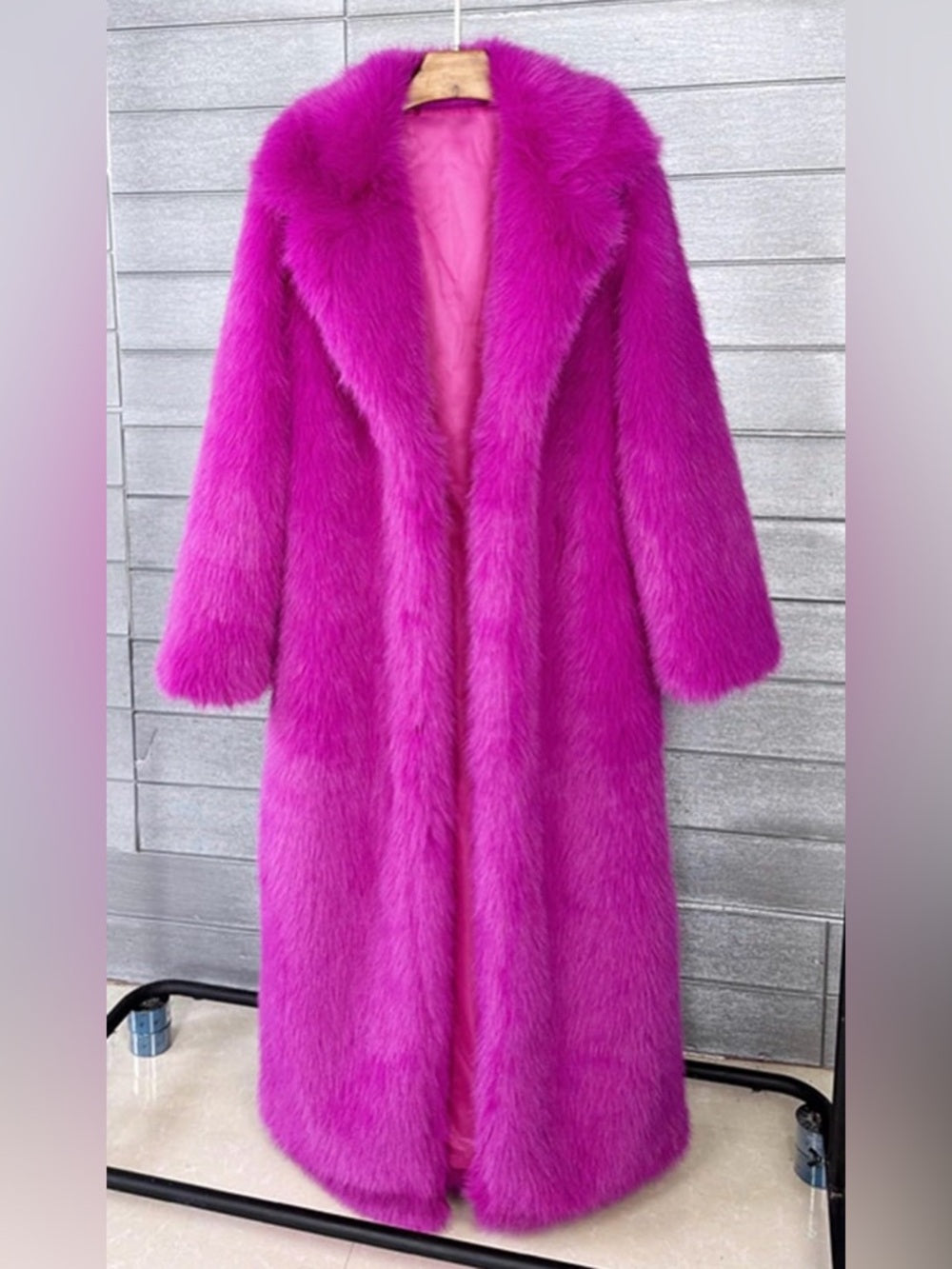 Vibrant Fuchsia Fluffy Faux Fur Overcoat, Outwear Parka Long Coat w Pockets