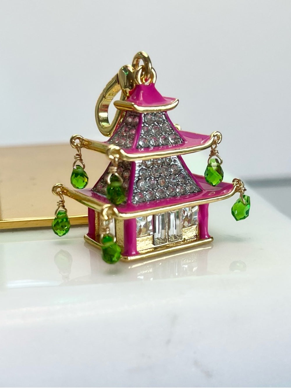 RARE Juicy Couture Pink Asian Pagoda Charm/Pendant w Green Crystal Drops