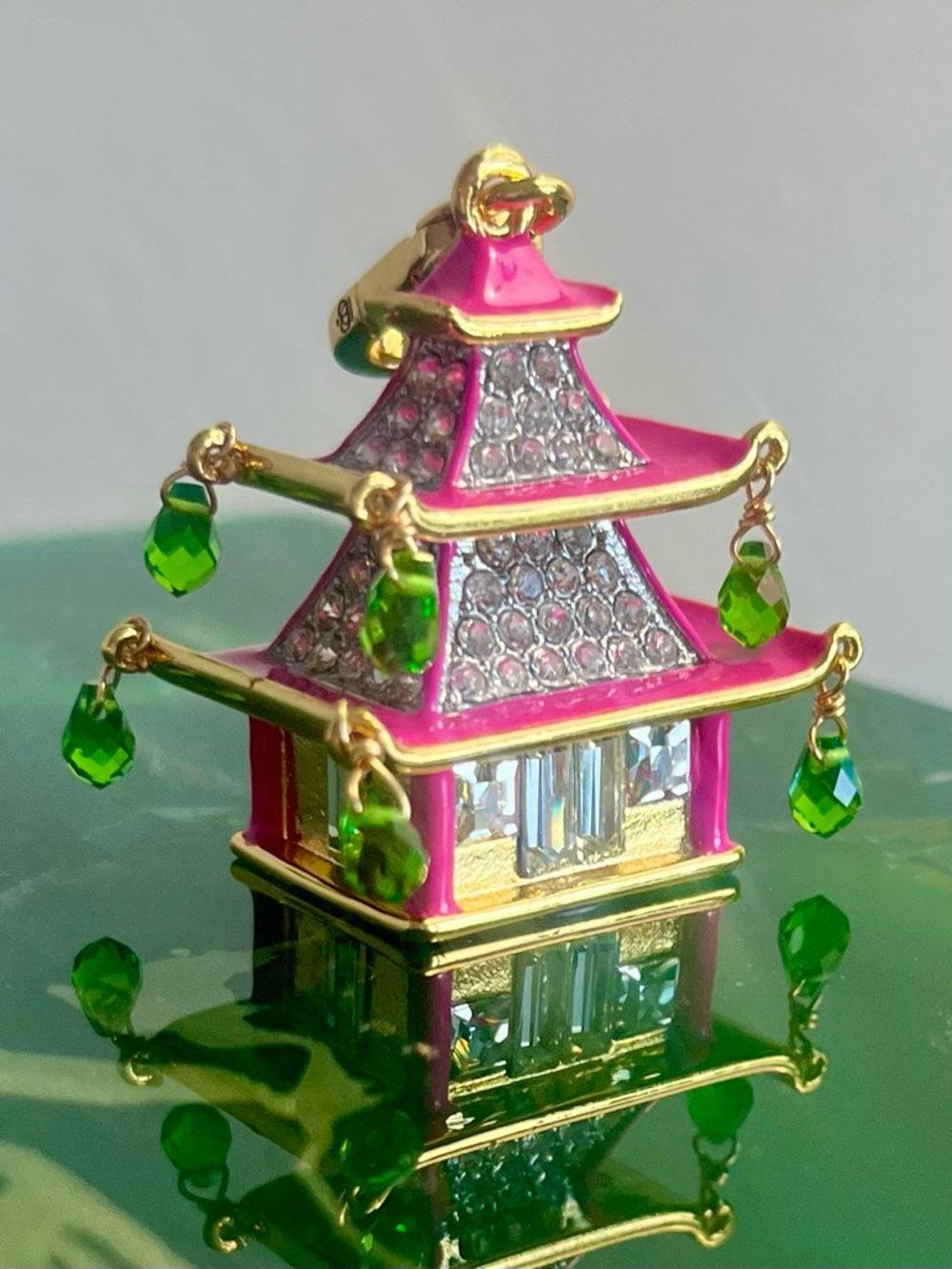 RARE Juicy Couture Pink Asian Pagoda Charm/Pendant w Green Crystal Drops