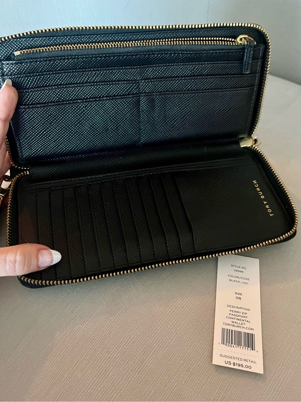 Tory Burch Black Saffiano Leather Perry Zip Passport Continental Wallet/Wristlet