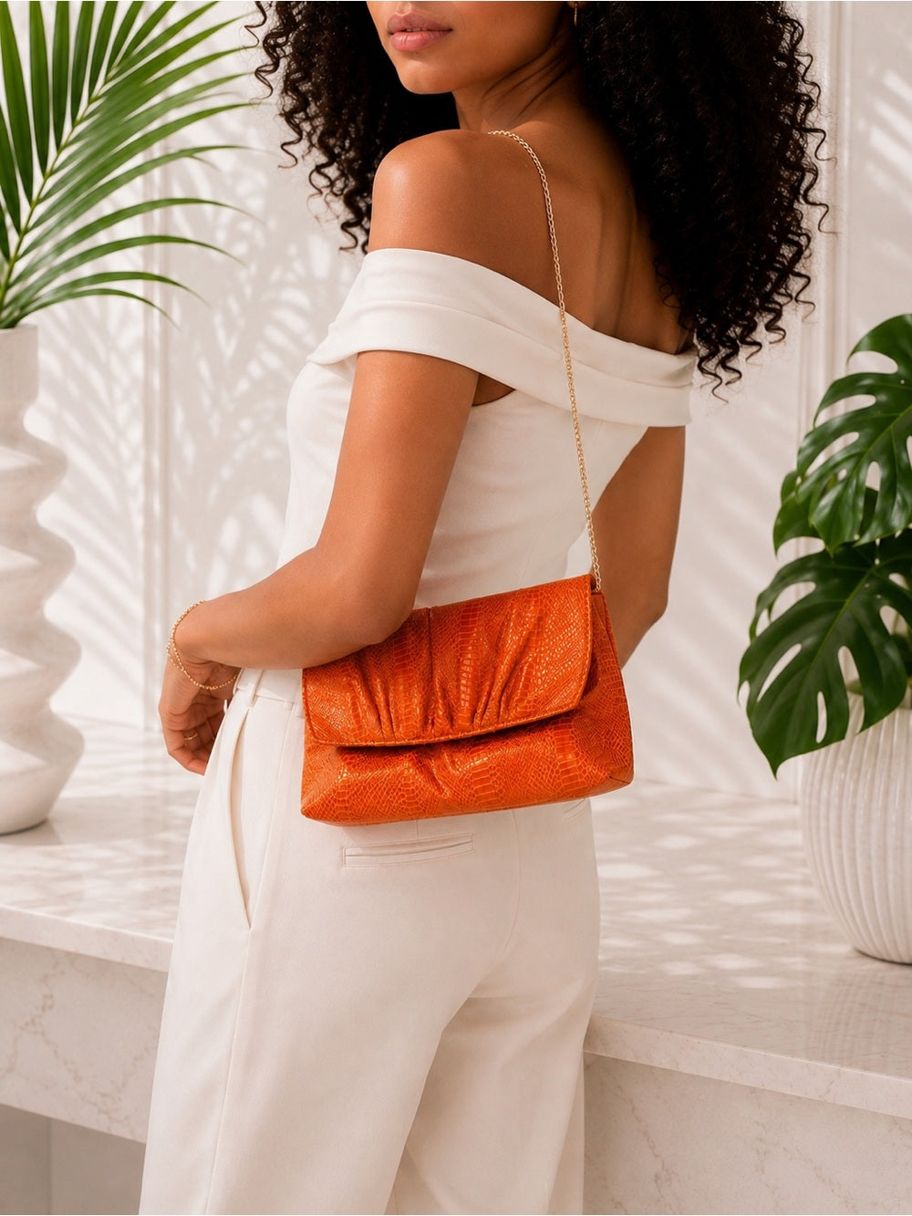 Vintage Genuine Snakeskin Bag - Bright Orange Exotic Leather Clutch - Y2K