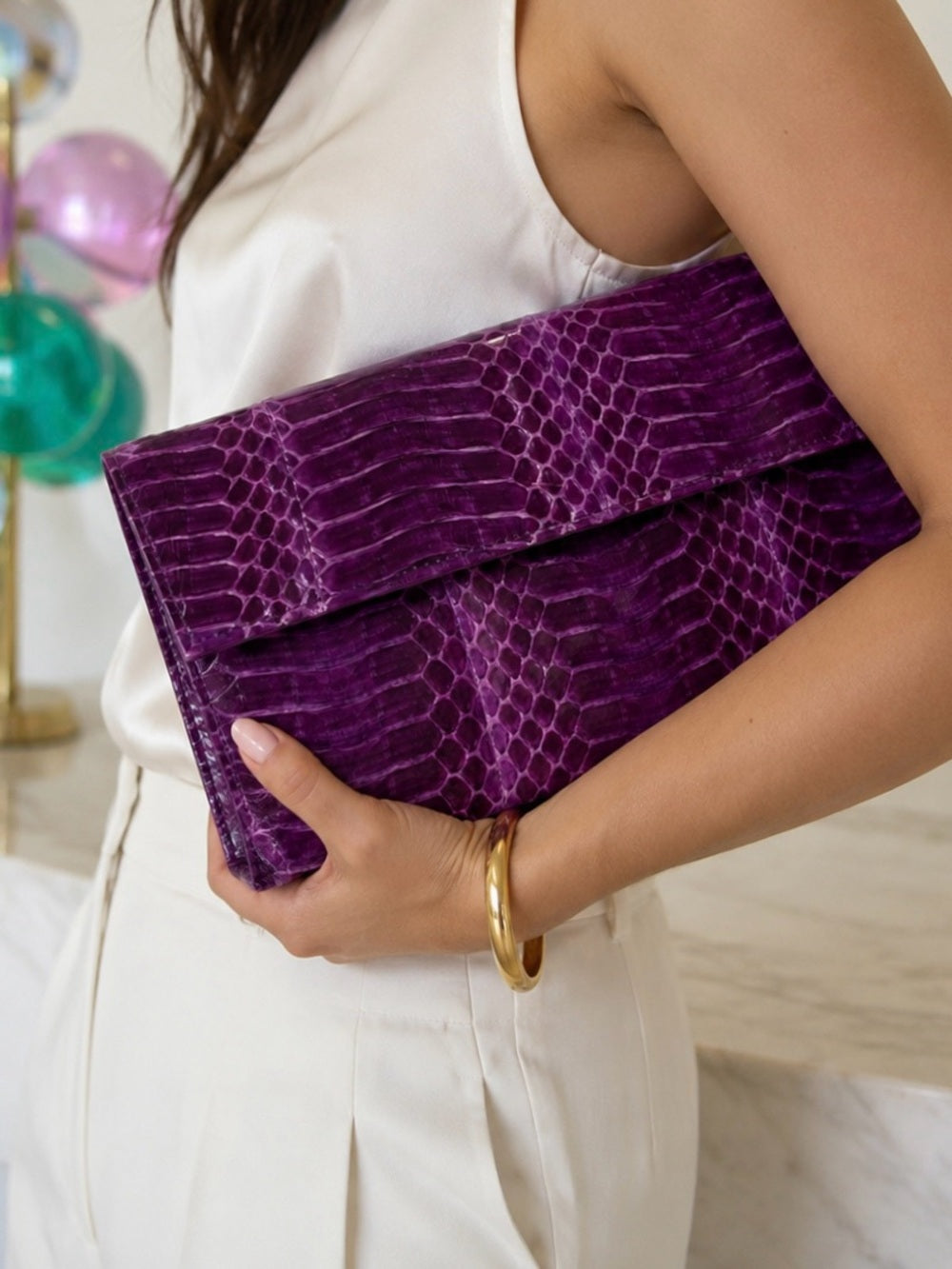 Vintage Genuine Python Leather Clutch / Crossbody Bag - RARE Purple Exotic Skin