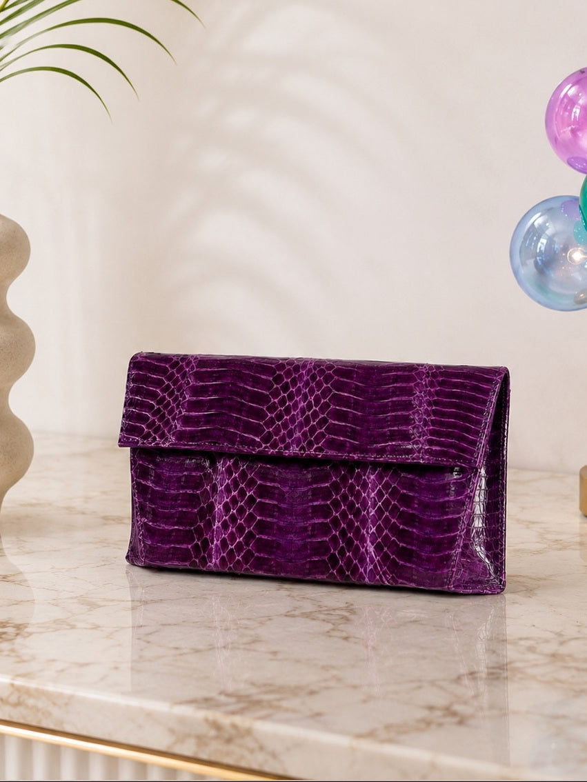 Vintage Genuine Python Leather Clutch / Crossbody Bag - RARE Purple Exotic Skin