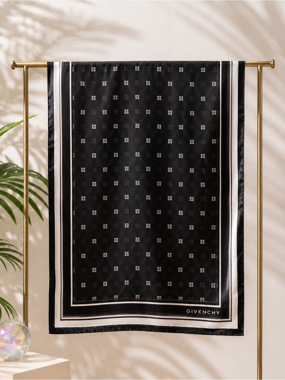 Givenchy Black Silk Logo Scarf – Monogram Print with Contrast Border (31.5”)
