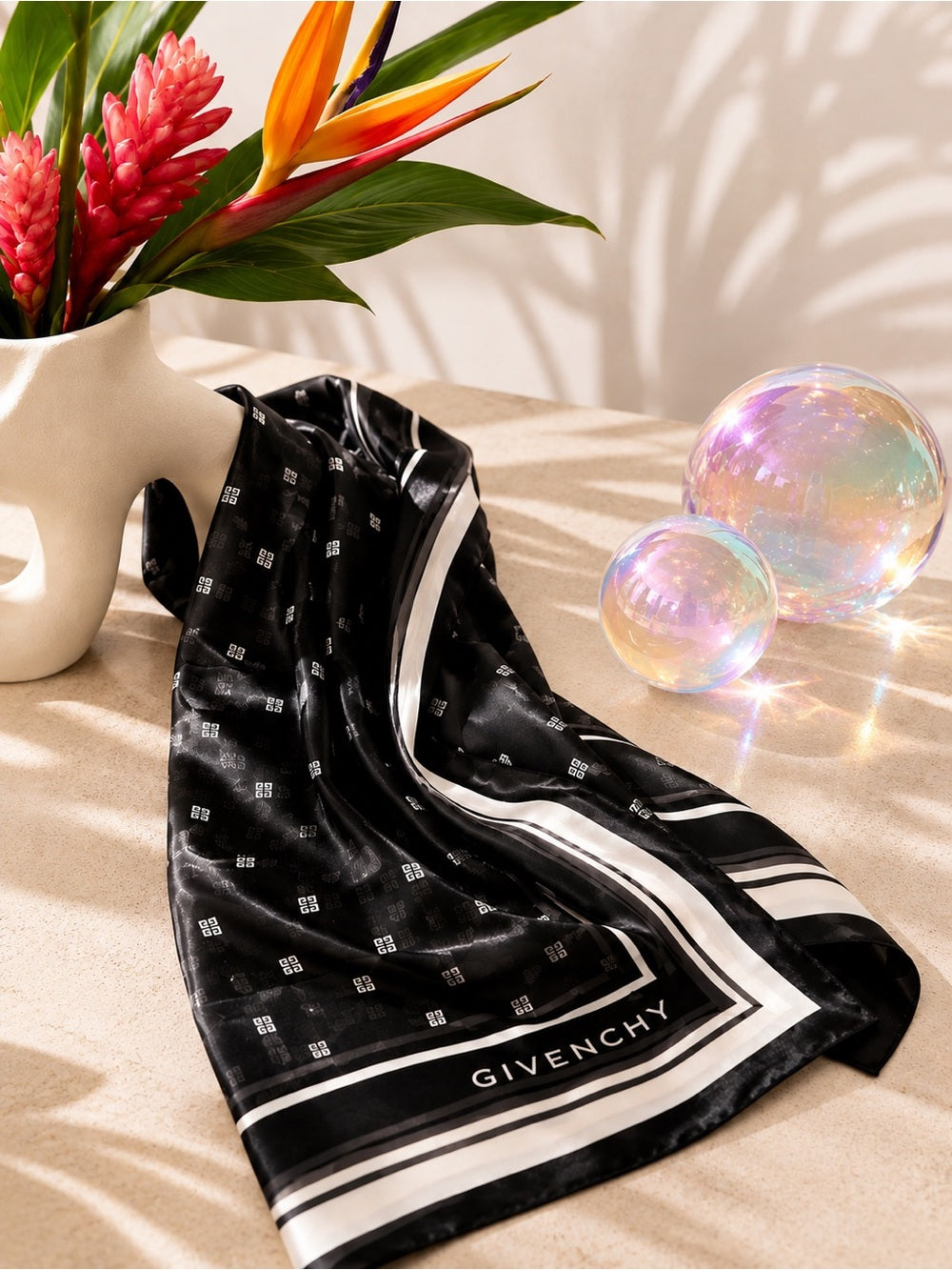Givenchy Black Silk Logo Scarf – Monogram Print with Contrast Border (31.5”)