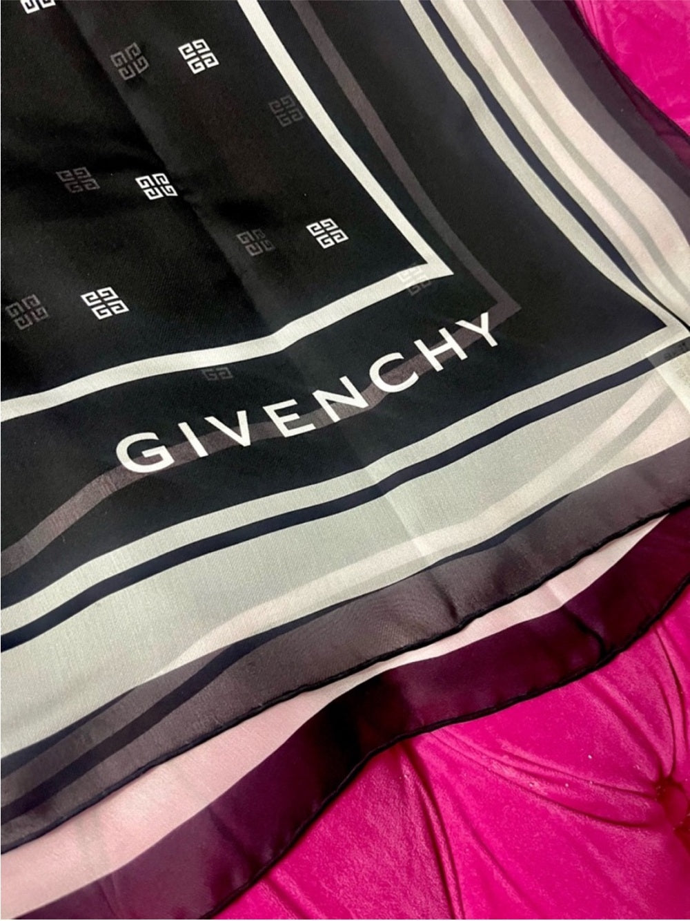 Givenchy Black Silk Logo Scarf – Monogram Print with Contrast Border (31.5”)