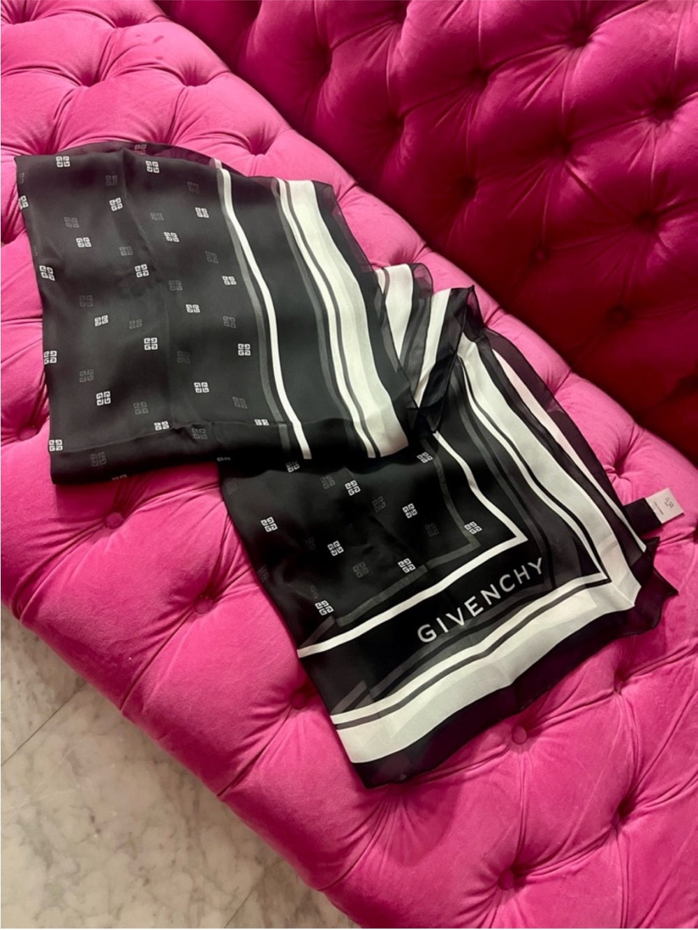 Givenchy Black Silk Logo Scarf – Monogram Print with Contrast Border (31.5”)