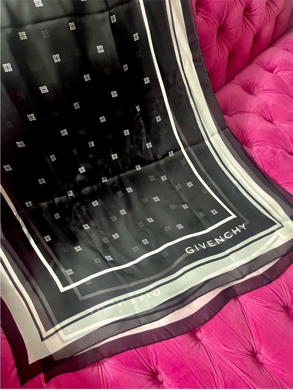 Givenchy Black Silk Logo Scarf – Monogram Print with Contrast Border (31.5”)