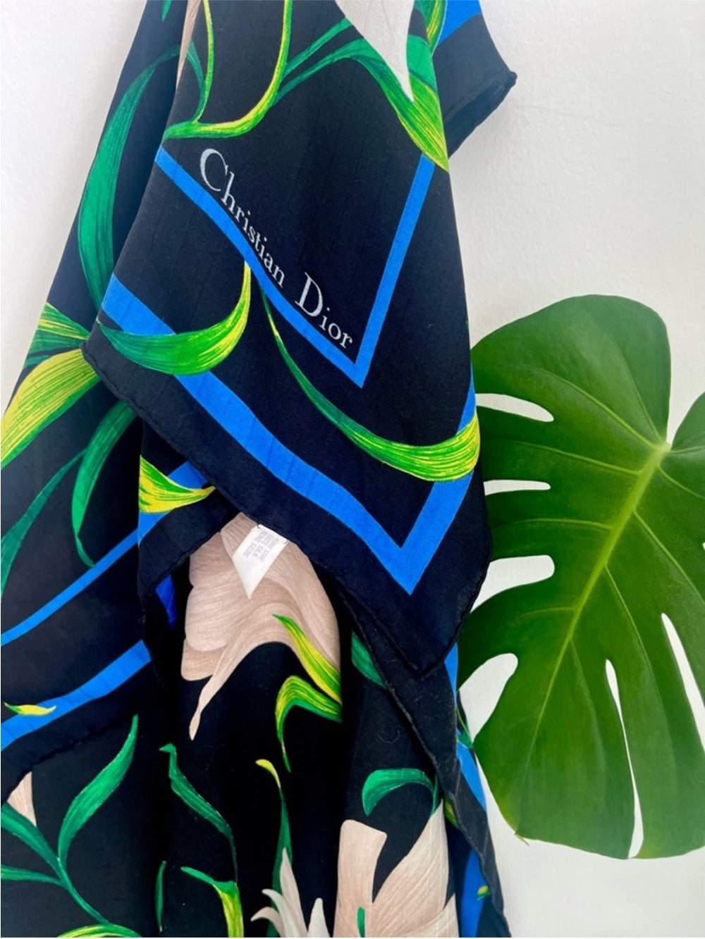 Christian Dior Vintage Silk Scarf – Black Lilies w Blue Border & Botanical Print