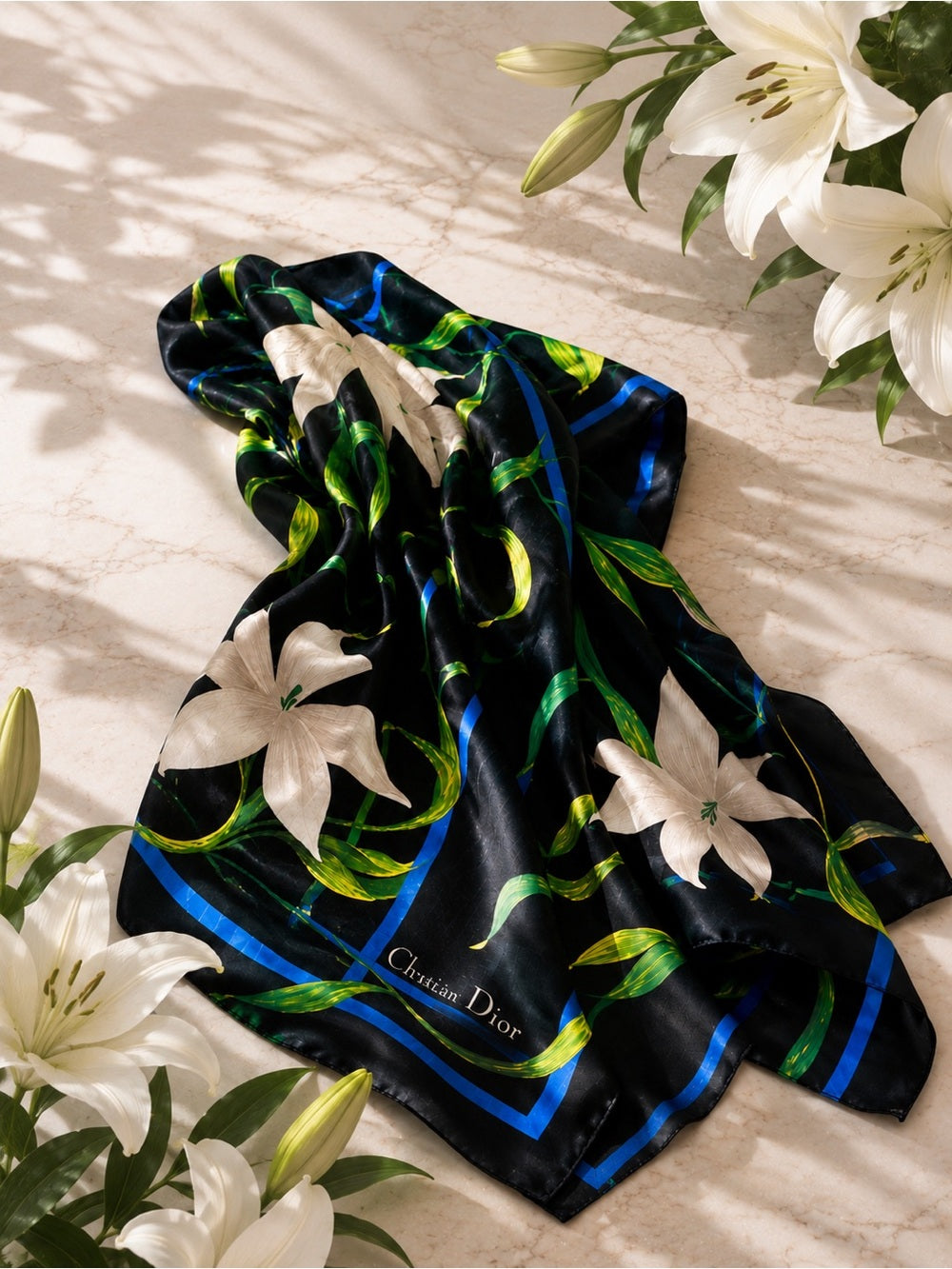 Christian Dior Vintage Silk Scarf – Black Lilies w Blue Border & Botanical Print
