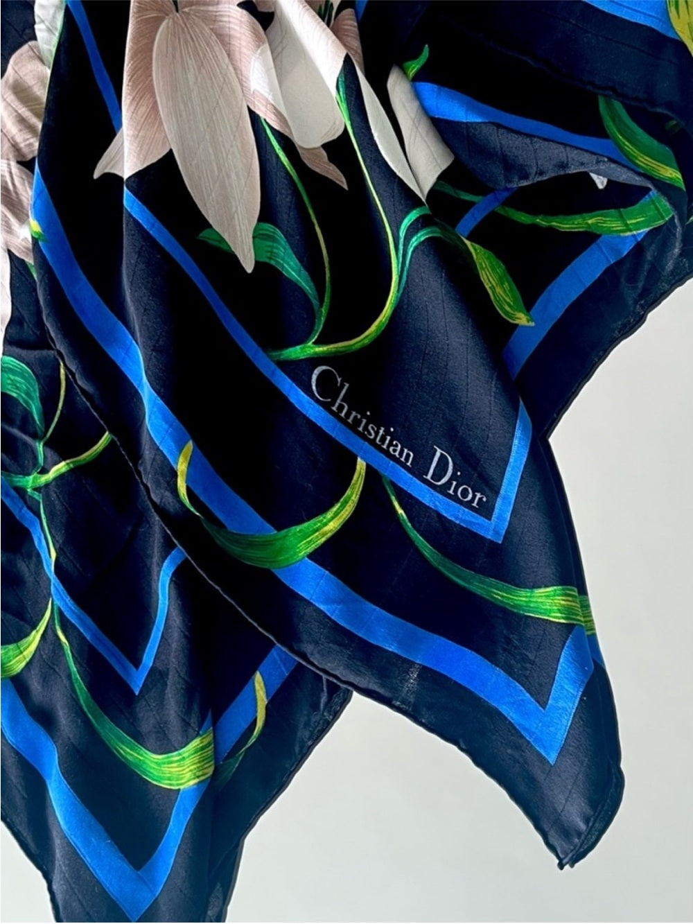 Christian Dior Vintage Silk Scarf – Black Lilies w Blue Border & Botanical Print