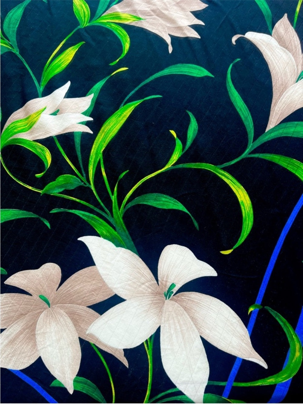 Christian Dior Vintage Silk Scarf – Black Lilies w Blue Border & Botanical Print