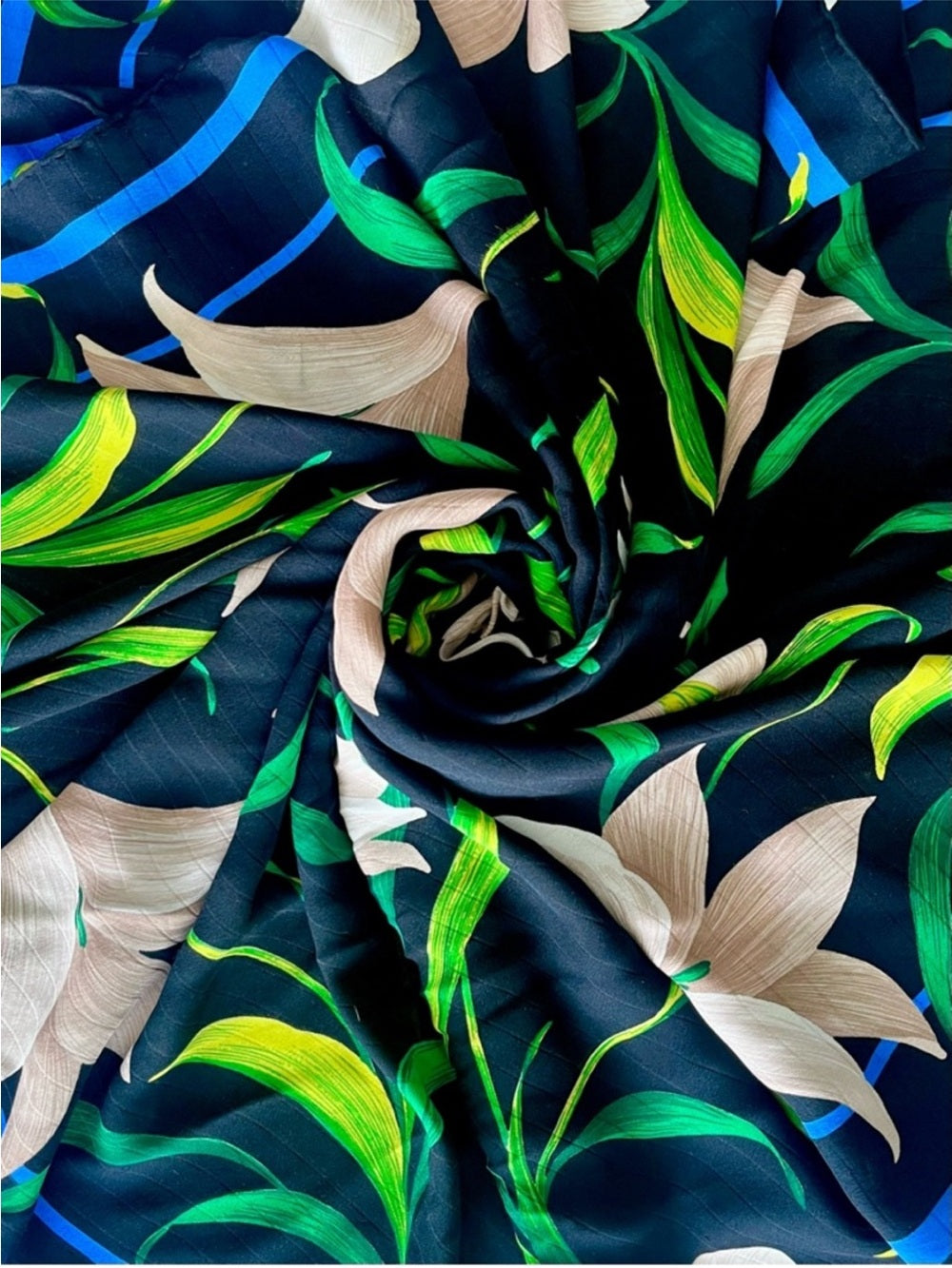 Christian Dior Vintage Silk Scarf – Black Lilies w Blue Border & Botanical Print