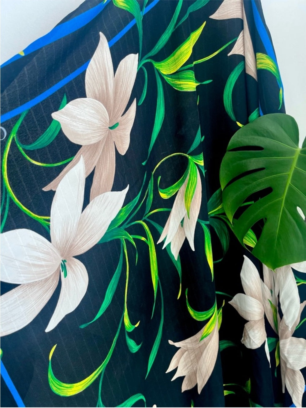 Christian Dior Vintage Silk Scarf – Black Lilies w Blue Border & Botanical Print