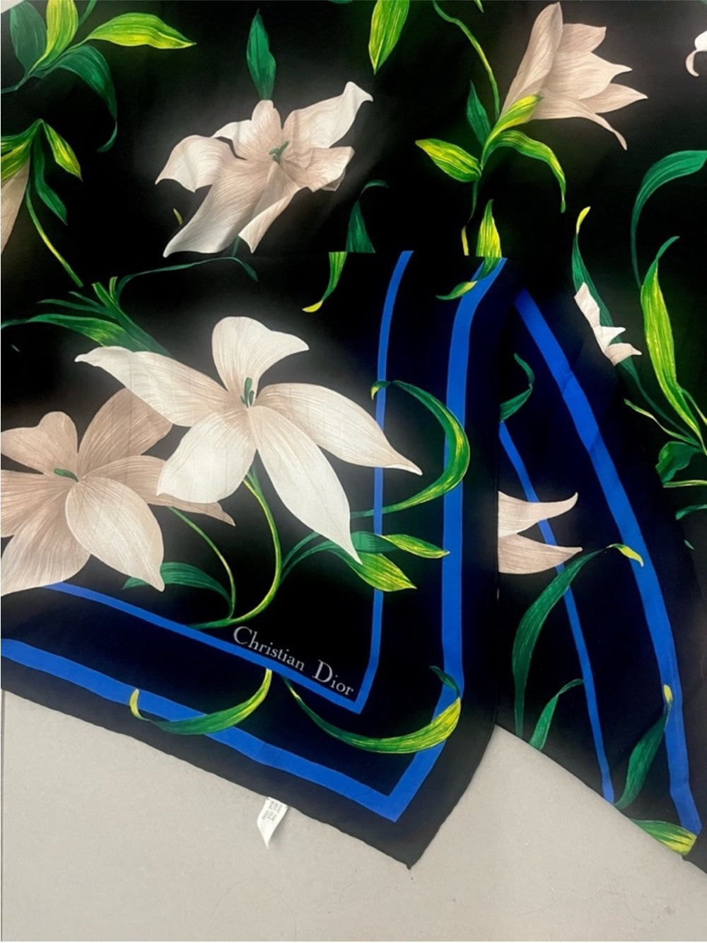 Christian Dior Vintage Silk Scarf – Black Lilies w Blue Border & Botanical Print