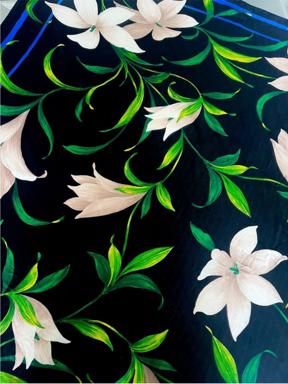 Christian Dior Vintage Silk Scarf – Black Lilies w Blue Border & Botanical Print