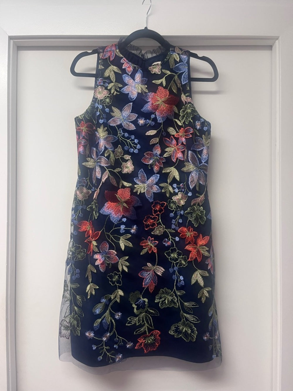 Anne Klein Navy Floral Embroidered Tulle Mini Dress
