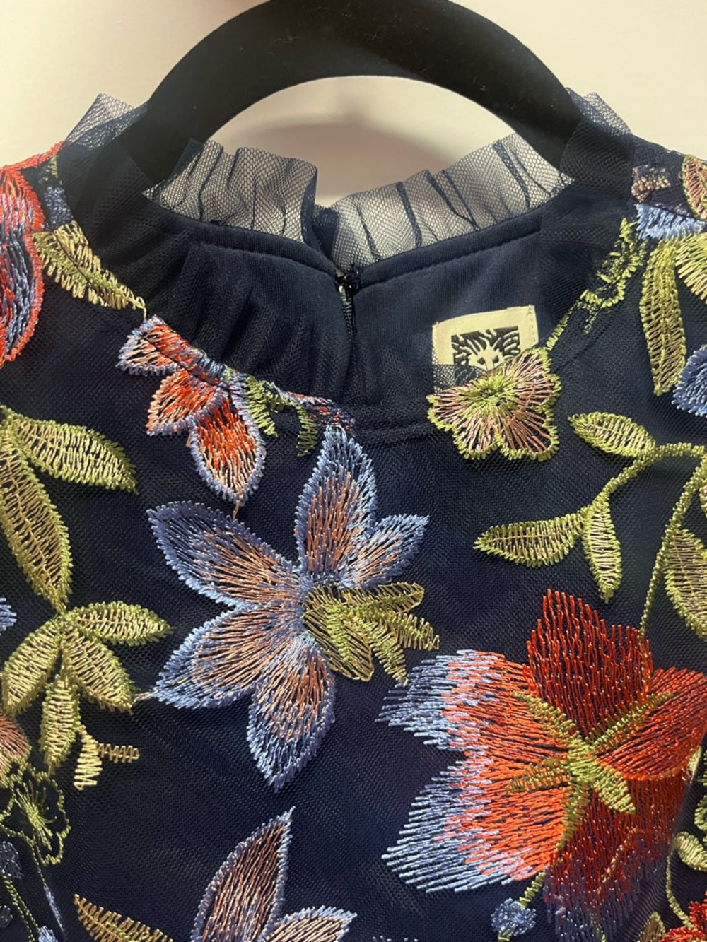 Anne Klein Navy Floral Embroidered Tulle Mini Dress