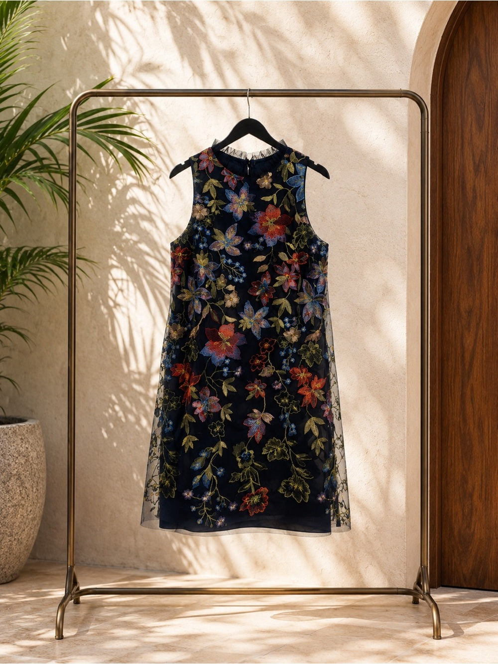 Anne Klein Navy Floral Embroidered Tulle Mini Dress