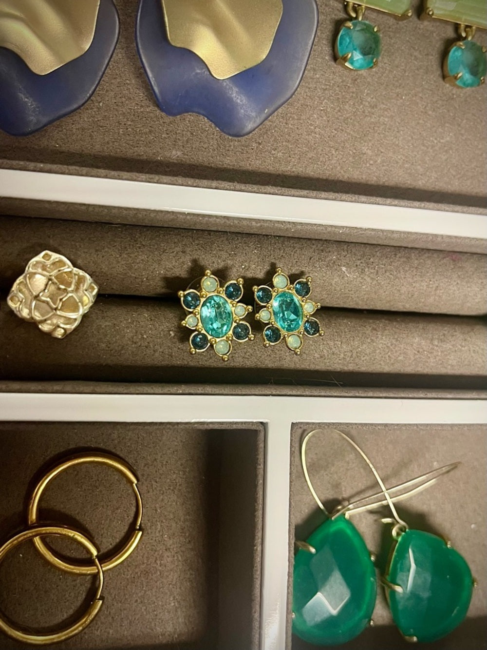 Swarovski Teal Crystal Flower Stud Earrings – Blue & Opal, Gold Tone Statement