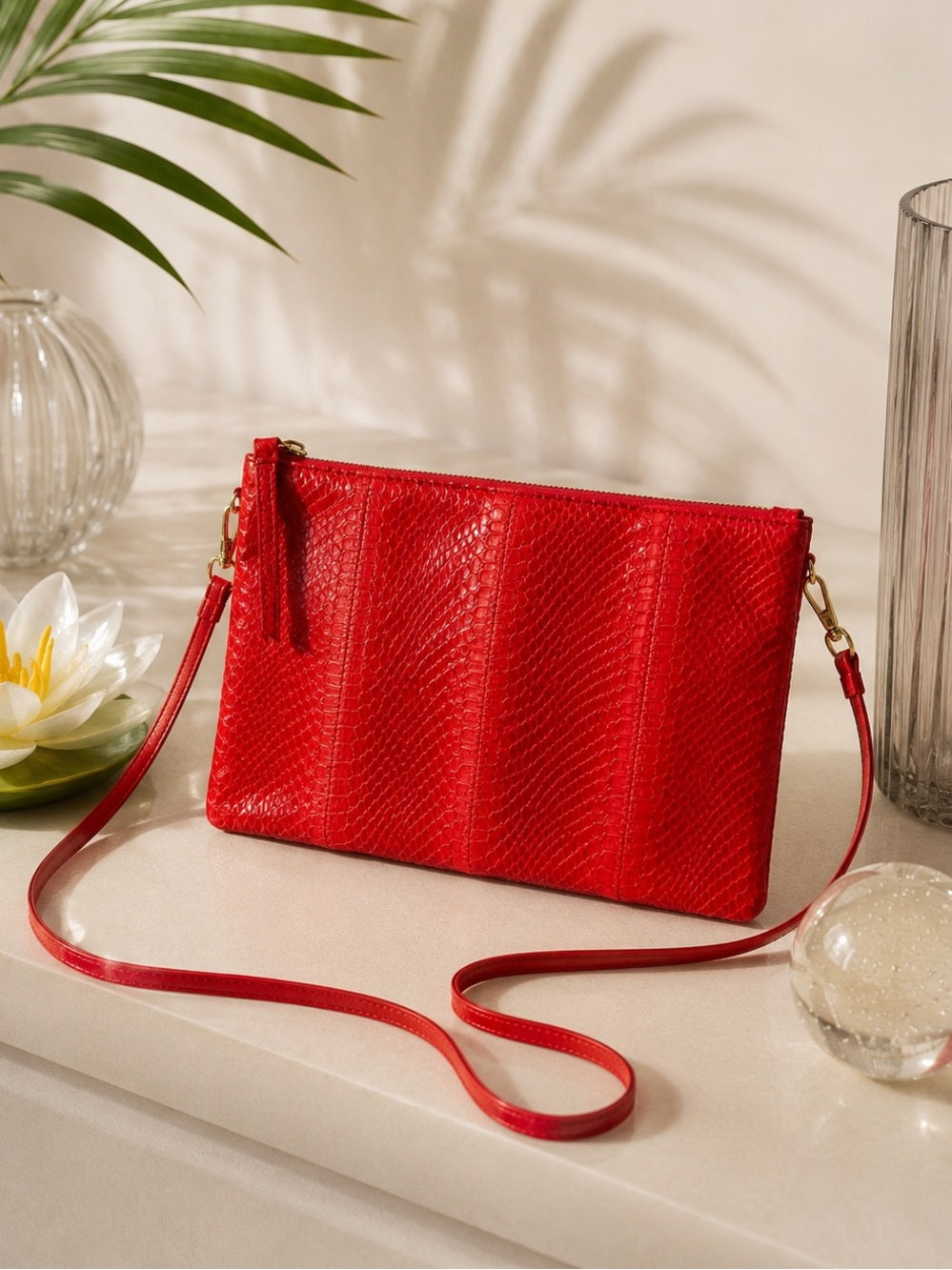 Red Genuine Python Clutch / Crossbody – Exotic Snakeskin Bag, Removable Strap