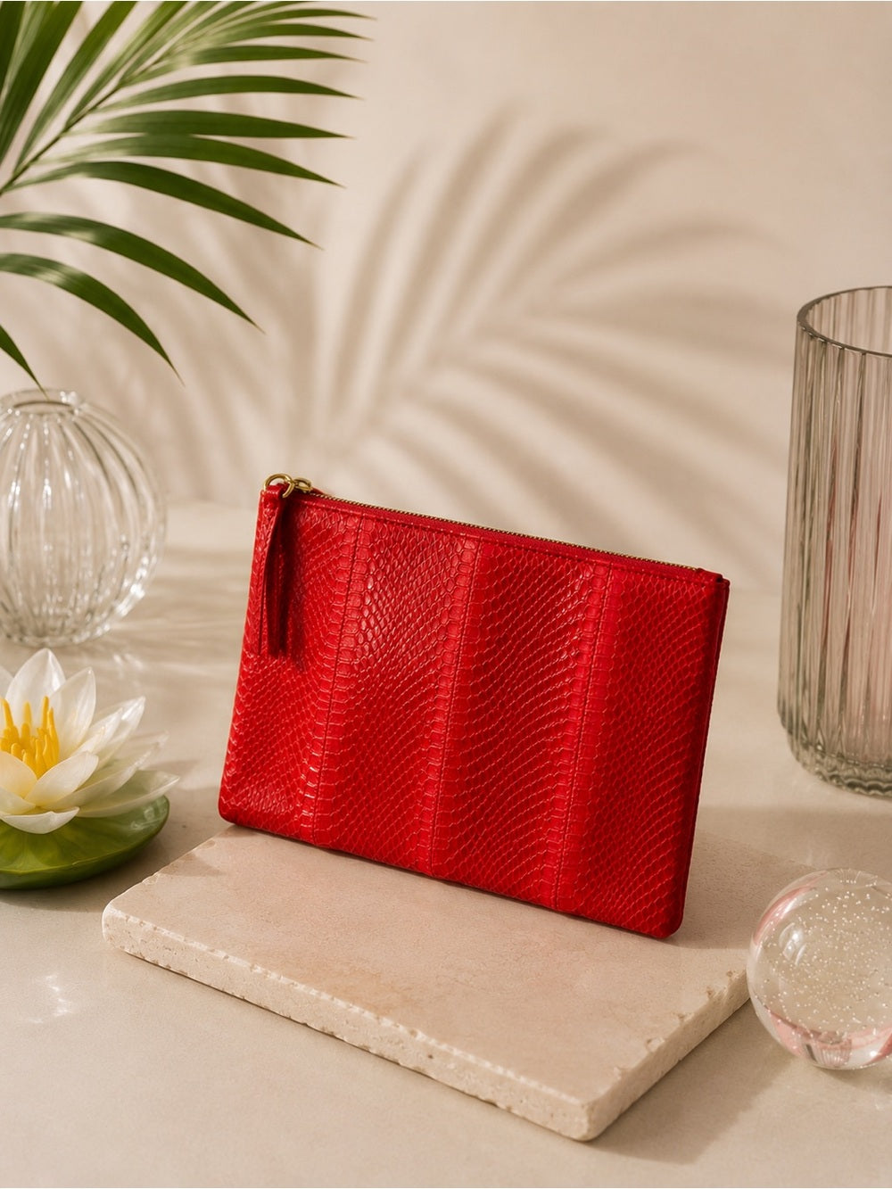 Red Genuine Python Clutch / Crossbody – Exotic Snakeskin Bag, Removable Strap