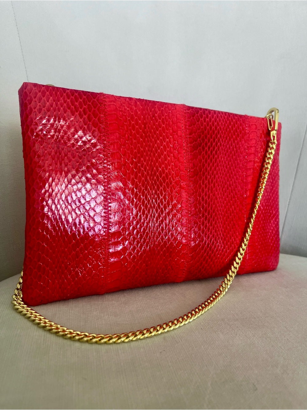 Red Genuine Python Clutch / Crossbody – Exotic Snakeskin Bag, Removable Strap