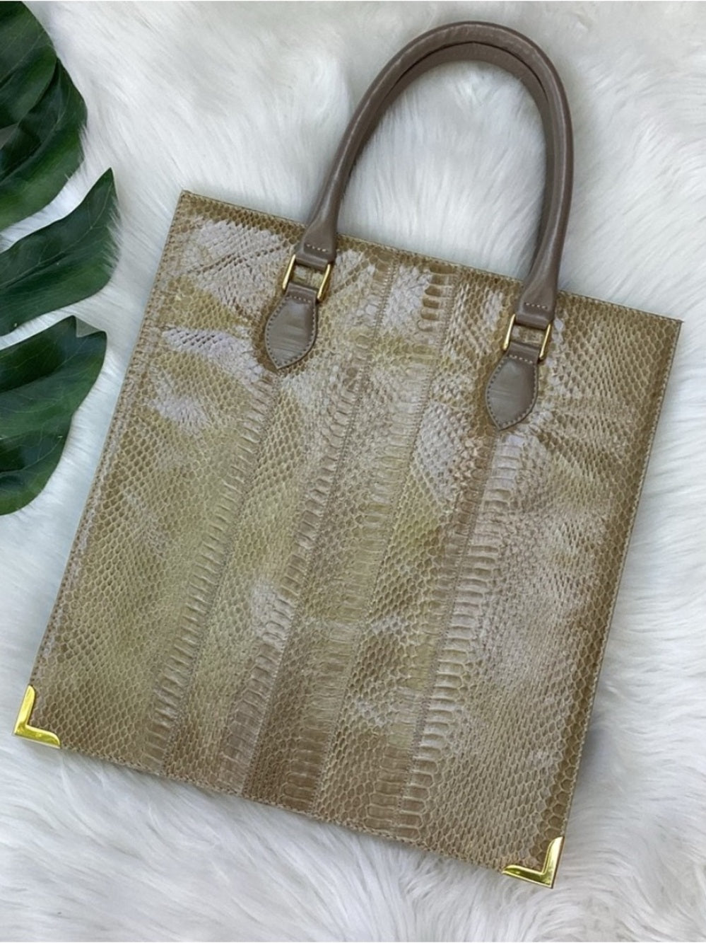 Neutral Snakeskin Structured Tote | Vintage Top Handle Exotic Bag - Quiet Luxury