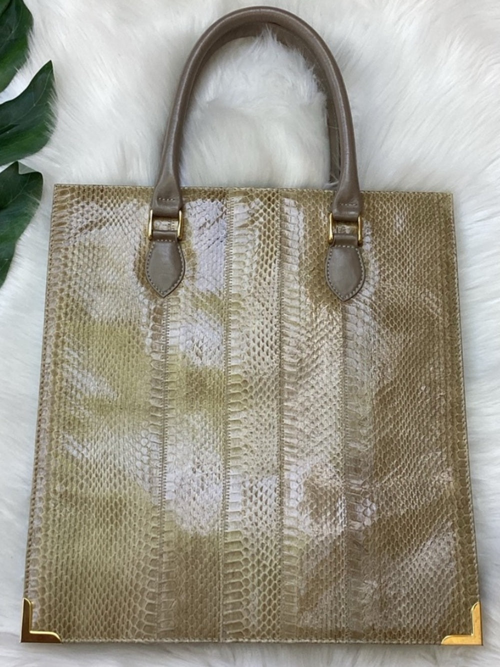 Neutral Snakeskin Structured Tote | Vintage Top Handle Exotic Bag - Quiet Luxury
