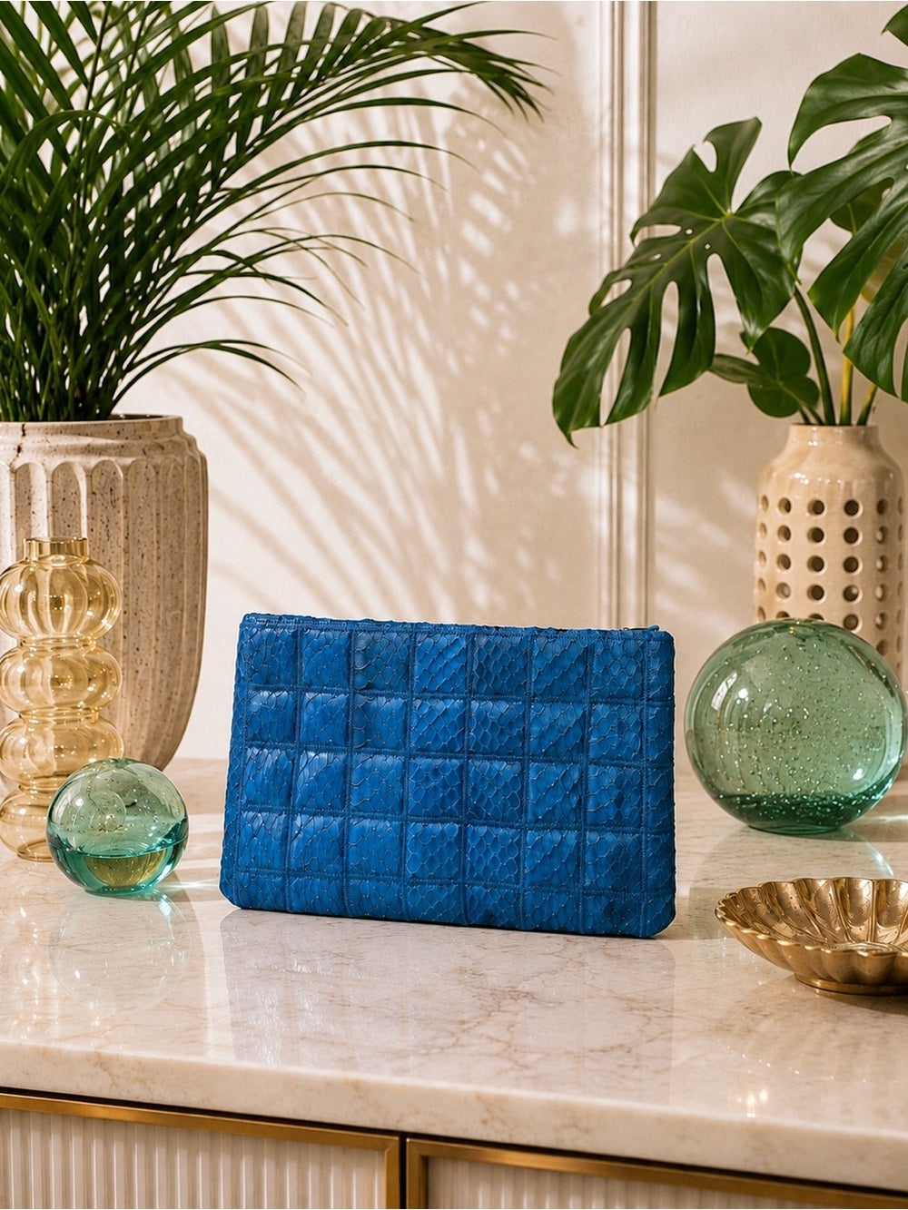 Cobalt Blue Snakeskin Quilted Clutch | Exotic Python Statement Bag