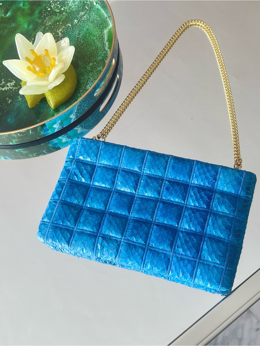 Cobalt Blue Snakeskin Quilted Clutch | Exotic Python Statement Bag