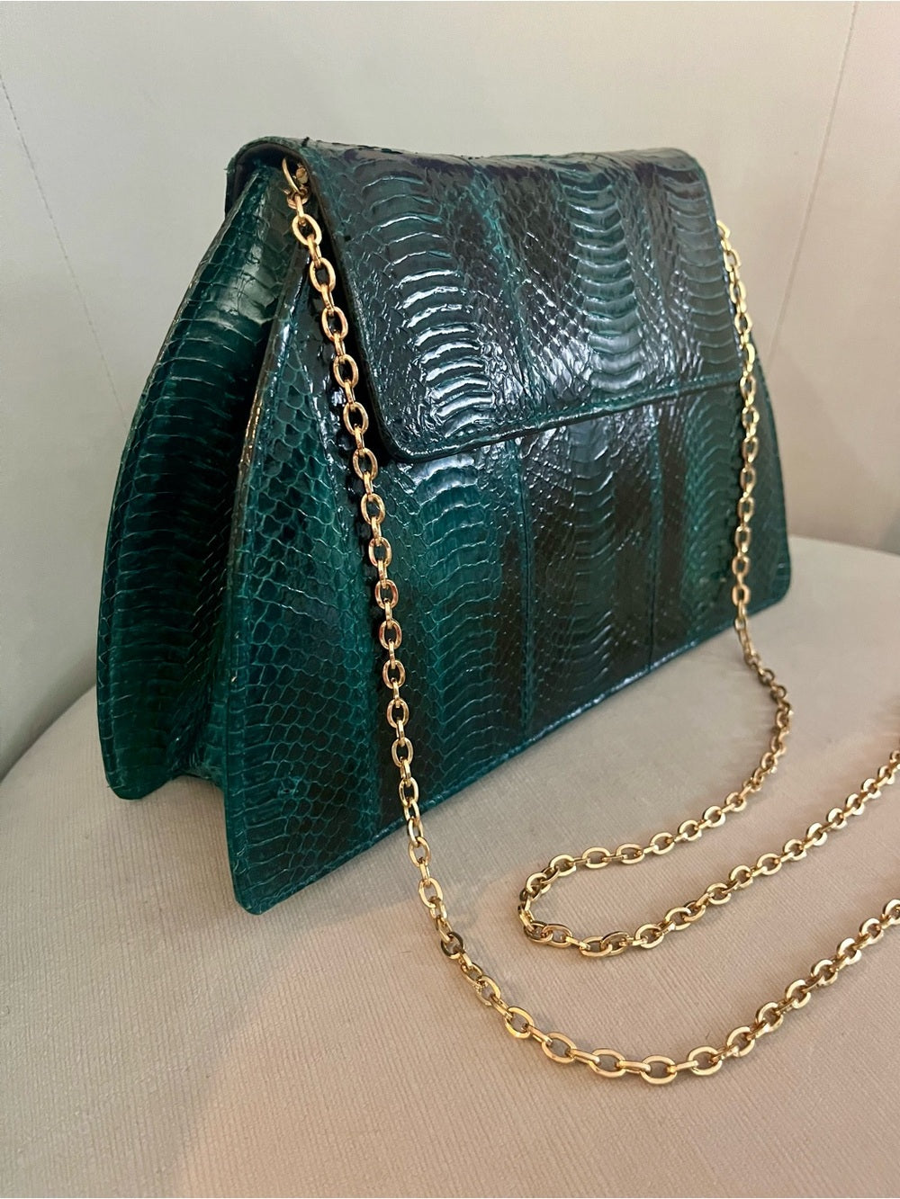 Vintage Genuine Python Skin Clutch – Teal Iridescent Snakeskin Evening Bag