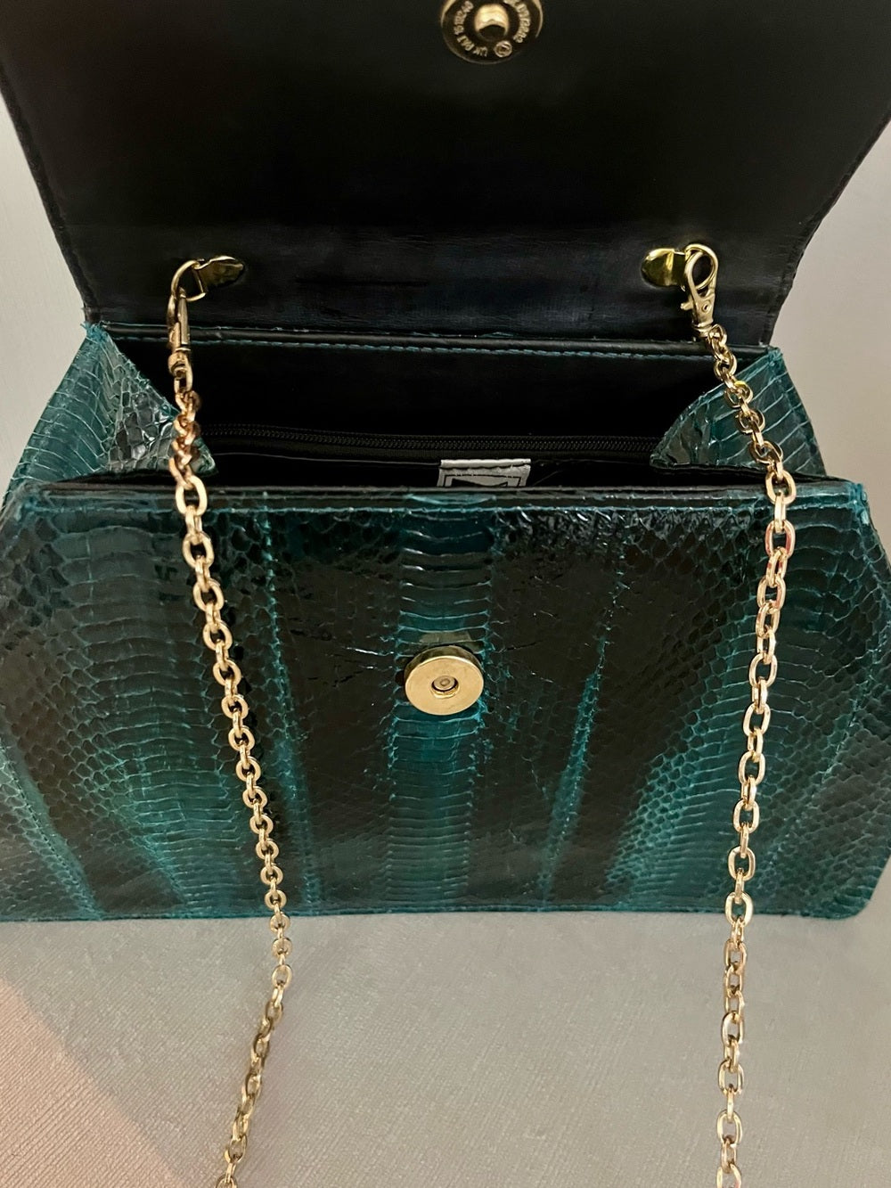 Vintage Genuine Python Skin Clutch – Teal Iridescent Snakeskin Evening Bag