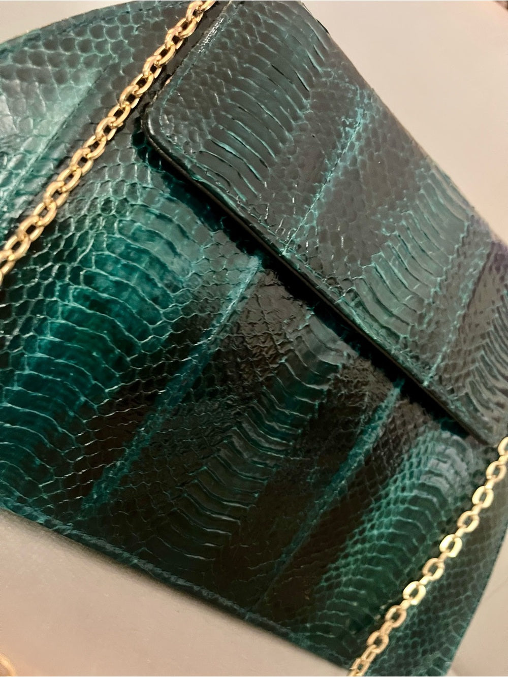 Vintage Genuine Python Skin Clutch – Teal Iridescent Snakeskin Evening Bag